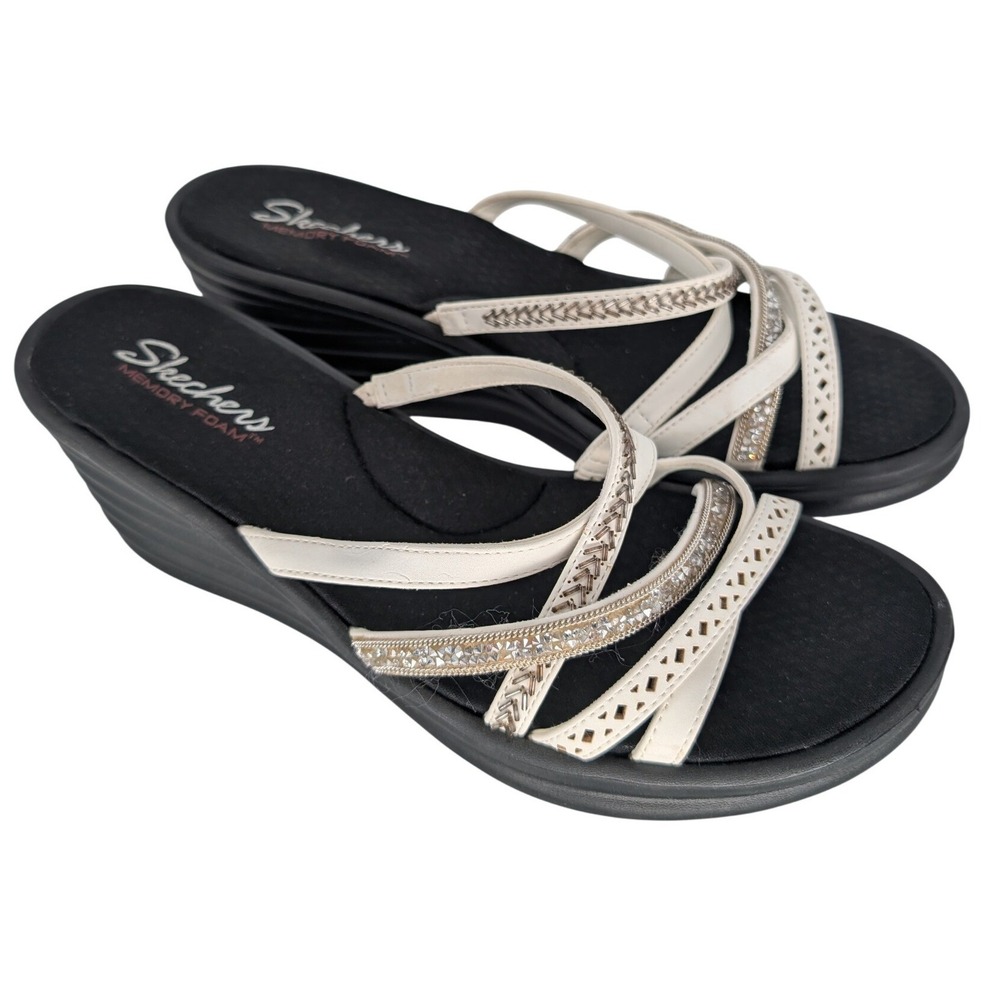 Skechers Rumblers Wave Lassie‎ Wedge Sandal Womens 11 White Strappy Metallic Y2K